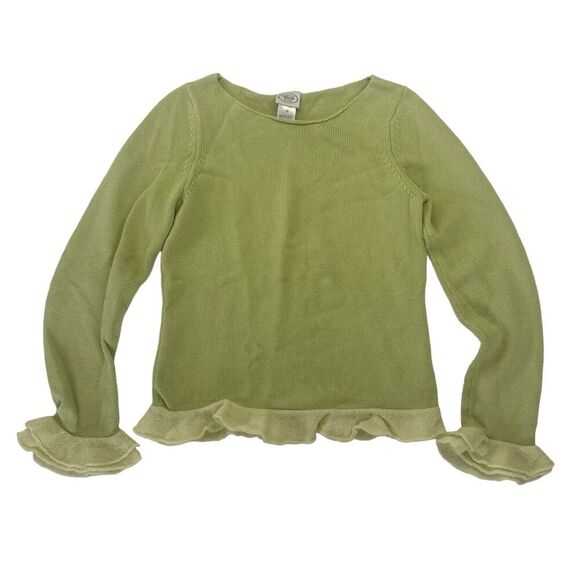 VTG Talbots Kids Green Cable Knit Sweater Ruffle Hem Sz 14 Pullover 100% Cotton - Picture 1 of 11